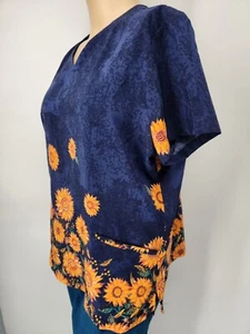 Womens Scrub Top Butter Soft  Stretch by UA 2 Pocket  XL Sunflowers Navy - Picture 1 of 5