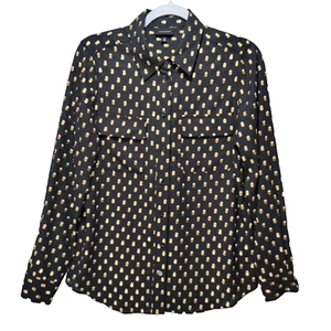 Who What Wear Blouse Women M Metallic Polka Dot Shirt Workwear Black Gold Button - Picture 1 of 13