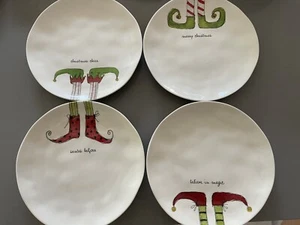 RARE RAE DUNN HOLIDAY CHRISTMAS Elf Cheer Magic 8” PLATE Set Of 4 - Picture 1 of 6