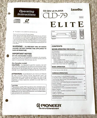 Operating Instructions for PIONEER ELITE CLD-79 LASERDISC PLAYER Original Manual - Image 1 of 4