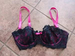 AdoreMe Black Pink Lace Bra Mesh Underwire Sexy Lingerie Unpadded Balconette 34D - Picture 1 of 14