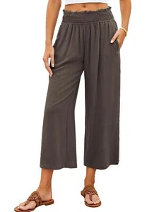 Women Capri Pants High Waisted Wide Leg Palazzo Trousers Pull On Elastic Smocked - Picture 1 of 14