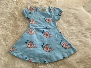 Hugo Loves Tiki Skater Dress Size 4 Youth Girls Blue Fish Puff Sleeves - Picture 1 of 15