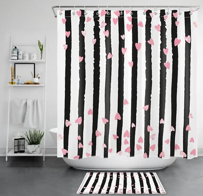 Juego de Cortina de Ducha Clásica Negro Blanco Rayas Rosa Amor Corazón para Decoración de Baño Foto 1 de 4
