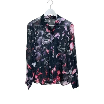Camisa para mujer Theory talla TP negra mezcla de seda transparente estampado floral abotonada Foto 1 de 4