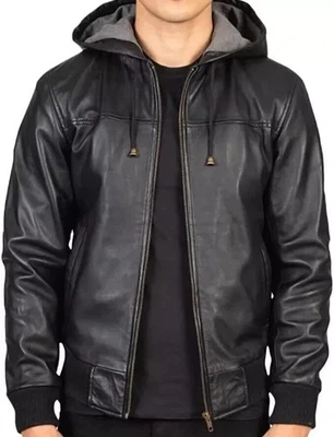 Men’s New Black Vintage Hooded Real Leather Motorcycle Bomber Biker Jacket - Image 1 of 4