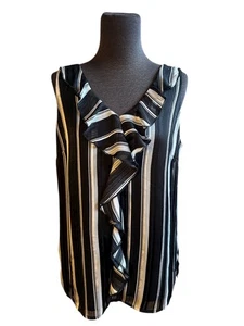 Roz & Ali White & Black Metallic Womens Striped Blouse Ruffle Front Career SMALL - Picture 1 of 9