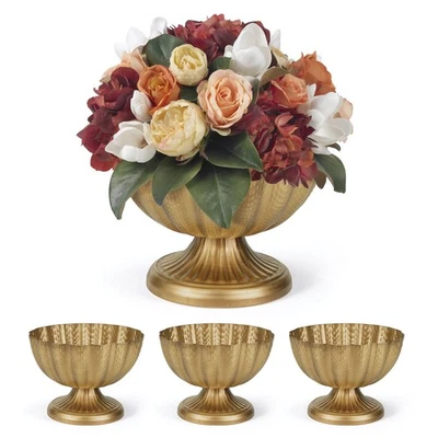 Set of 4, 9'' Wide 6.5'' High Distressed Gold Compote Pedestal Vases, Antique... - Image 1 of 4