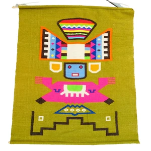 Tapiz de pared de lana verde grande hecho a mano figura azteca 31x36 pulgadas colores neón de colección - Imagen 1 de 7