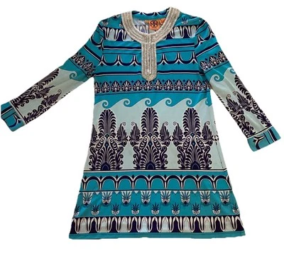 Vestido Midi Tory Burch Seda Ondas Popover Manga Larga Cuello Cuentas Abotonado S Foto 1 de 4