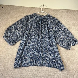 VINCE CAMUTO Blouse Women’s Size 1X Blue Floral 3/4 Balloon Sleeves Sheer - Picture 1 of 8