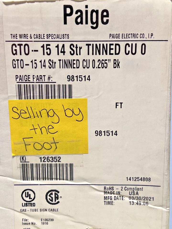 (9 feet) Paige 981514 14 AWG Tuf-Hide GTO-15 Neon Sign Wire Cable Black