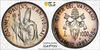 MS67 1983-84-R Vatican Silver 1000 Lire, PCGS Trueview-  Nicely Toned - Image 1 of 4
