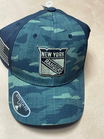 ADIDAS NHL NY Rangers Black & Camo w/ American Flag Stretch Fitted Hat L/XL RARE Cover