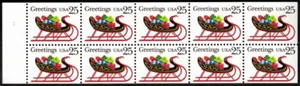 US Scott 2429a ~ VF, NH ~ Pane of 10 25c stamps ~ Oct 19, 1989 ~ Sleigh Presents - Picture 1 of 1
