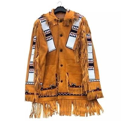 Jaqueta de guerra com franjas de camurça dourada com miçangas de índio americano, roupa nativa - Imagem 1 de 4