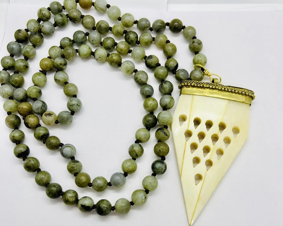 Necklace Beads In Green/gray (possibly Agate)With Pendant Brass Arrow Bison Bone - Image 1 of 4