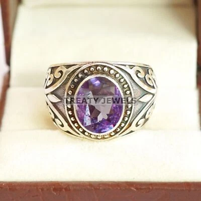 Piedras preciosas de alejandrita de corte ovalado con anillo de plata de ley 925 para hombre #A615 * Foto 1 de 4