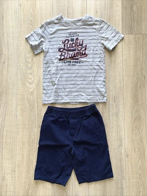 Conjunto de 2 piezas Camiseta Camisa Pantalones Cortos Lucky Brand Niños Conjunto de Verano Gris y Azul Talla 6 Foto 1 de 4