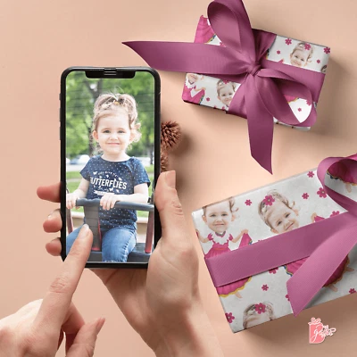 Personalized Gift Wrap with Photo Face on Cute Birthday Princess Wrapping Paper - Image 1 of 4