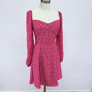 NWT COMMENSE Red Ditsy Floral Smocked Back Short Long Sleeve Dress Lined Size M - Picture 1 of 11