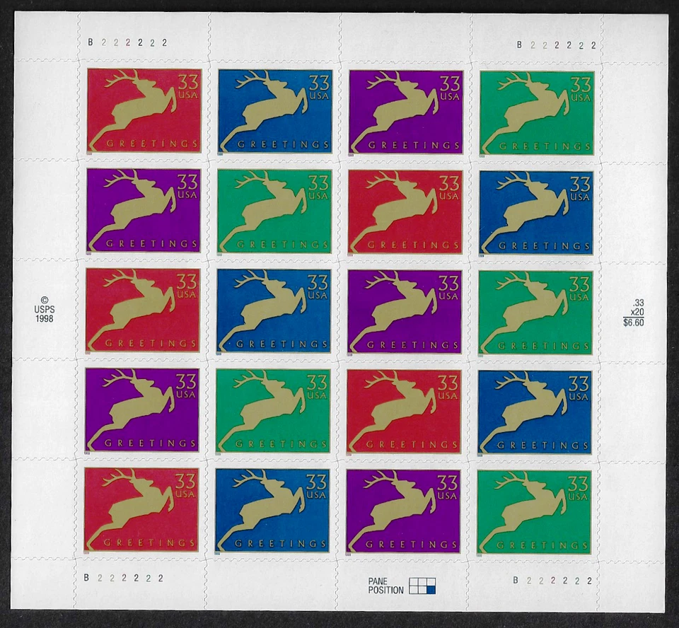 US Stamps Full Pane Of 20, Christmas Deer, #3356-3359 MNH - Image 1 of 1