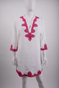Boden Womens Embroidered Linen Kaftan Dress UK 6 US 2 White Pink 3/4 Sleeve NWT - Picture 1 of 6