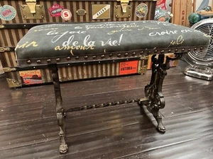 Antique Art Deco English Ornate Cast Iron Upholstered Fireside Bench Stool Piano - Picture 1 of 15