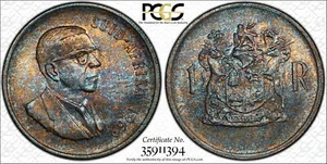 1969 South Africa 1 Rand Afrikaans Silver PCGS UNC Toned Gold Shield - Picture 1 of 1