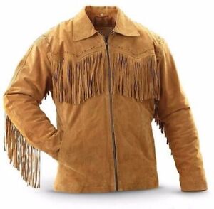Men Native American Western Cowboy Leather Jacket Fringe Suede Leather Zipper