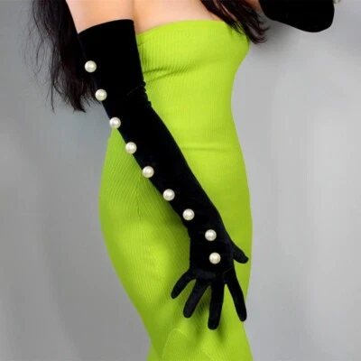 Black Velvet Golden Pearls Long Gloves Women's Retro Opera Full Finger Gloves - Image 1 of 4