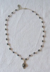 LIQUID STERLING SILVER W/HEMATITE BEADS & VINTAGE DROP 16" CHOKER NECKLACE  - Picture 1 of 9