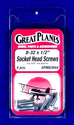 GREAT PLANES 8-32 x 1/2" SOCKET HEAD SCREWS ( PKG. OF 4 )( PART # GPMQ3044 ) - Image 1 of 2