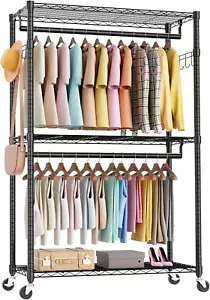 Rolling Clothes Rack, Heavy Duty Garment Racks 3 Tiers Portable Adjustable Wire - Picture 1 of 7