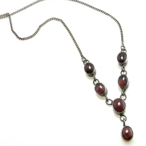 925 Sterling Silver & Oval Cabochon Garnet Y Drop Necklace - Picture 1 of 6