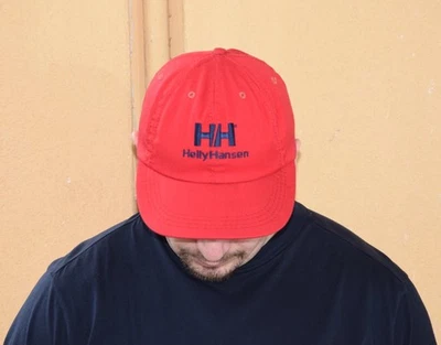 RARE VINTAGE HELLY HANSEN SPELLOUT BASEBALL DAD CAP RED HAT MADE IN USA OSFA Y2K - Image 1 of 4
