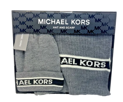 Nuevo en caja Conjunto de sombrero y bufanda Michael Kors gris con logotipo blanco y negro conjunto de 2 piezas Foto 1 de 4
