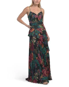 NEW Xscape Bold Floral Pleated Long Dress Gown Women Size 4 - Picture 1 of 8
