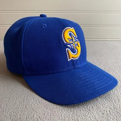 New Era Seattle Mariners Fitted Hat MLB Baseball 59Fifty 6 3/4 Blue Gold Logo - Image 1 of 4