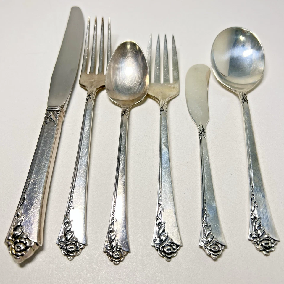 Reliquia de plata esterlina rosa damasco 6 piezas ajuste de lugar Oneida 8,6 oz 1946- Foto 1 de 4