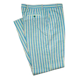 Mens 34 Chino Pants Blue Green Seersucker Stripe Flat Front Straight Trousers - Picture 1 of 9