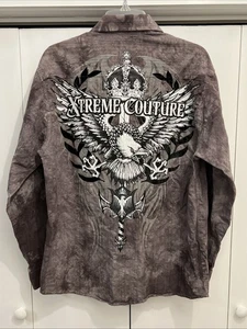 XTREME COUTURE Button Up MMA Shirt Men’s M, Royalty Eagle Gothic Grunge LS EUC - Picture 1 of 6