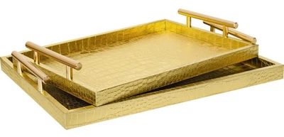 Modern Elegant Large Wood Serving Tray, Set of 2 Gold Crocodile Leather with ... - Image 1 of 4