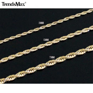 Collar de cadena de cuerda de acero inoxidable enchapado en oro 3/5/7 mm 16-30" garganta hombre mujer - Imagen 1 de 10