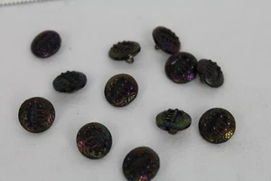 12 Small Antique Black Glass Button with Luster Hammered Texture Faux Cut Steels - Picture 1 of 5