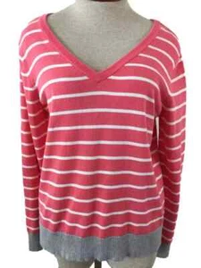 Caribbean Joe sweater size XL pullover V neck long sleeve pink stripe gray trim - Picture 1 of 5
