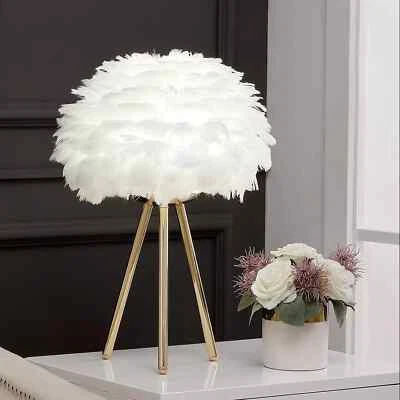 White Feather Tripod Lamp - Aesthetic Gold Table Lamp for Bedroom & Living Room - Image 1 of 4