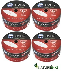 200 Genuine HP White Inkjet Printable DVD-R 16x 4.7GB 120 mins Blank Discs - Picture 1 of 4