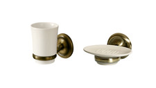 Set da 2 tazze per spazzolino da denti e ciotola per sapone in ceramica, stile ottone antico,