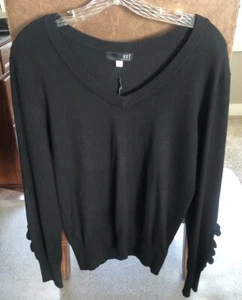 Kut From The Kloth Ruffle Sleeve Sweater Medium Black VNeck Rayon/Nylon NWT - Picture 1 of 15